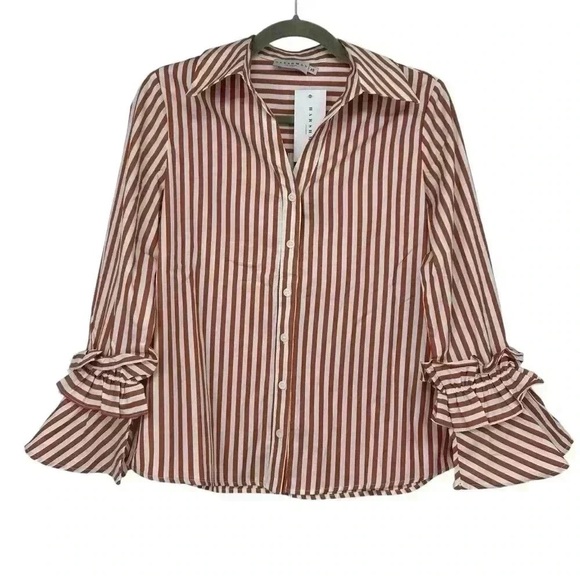 HARSHMAN SHIRT WOMEN’S XS BROWN STRIPED BUTTON DOWN FLARED SLEEVE COTTON NWT - Picture 1 of 13
